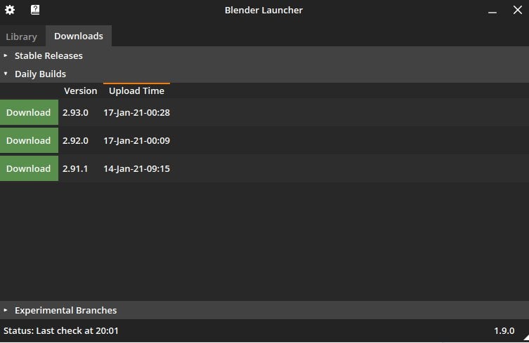 Blender Launcher’s Downloads tab featuring all the latest releases.