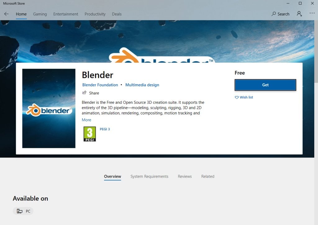 Blender’s page on the Microsoft Store